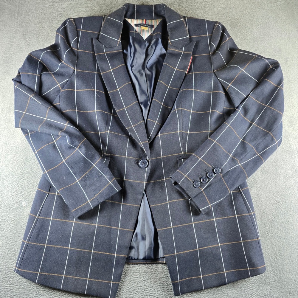 Tommy Hilfiger Womens Navy Windowpane Plaid Single Button Blazer Jacket Size 10
